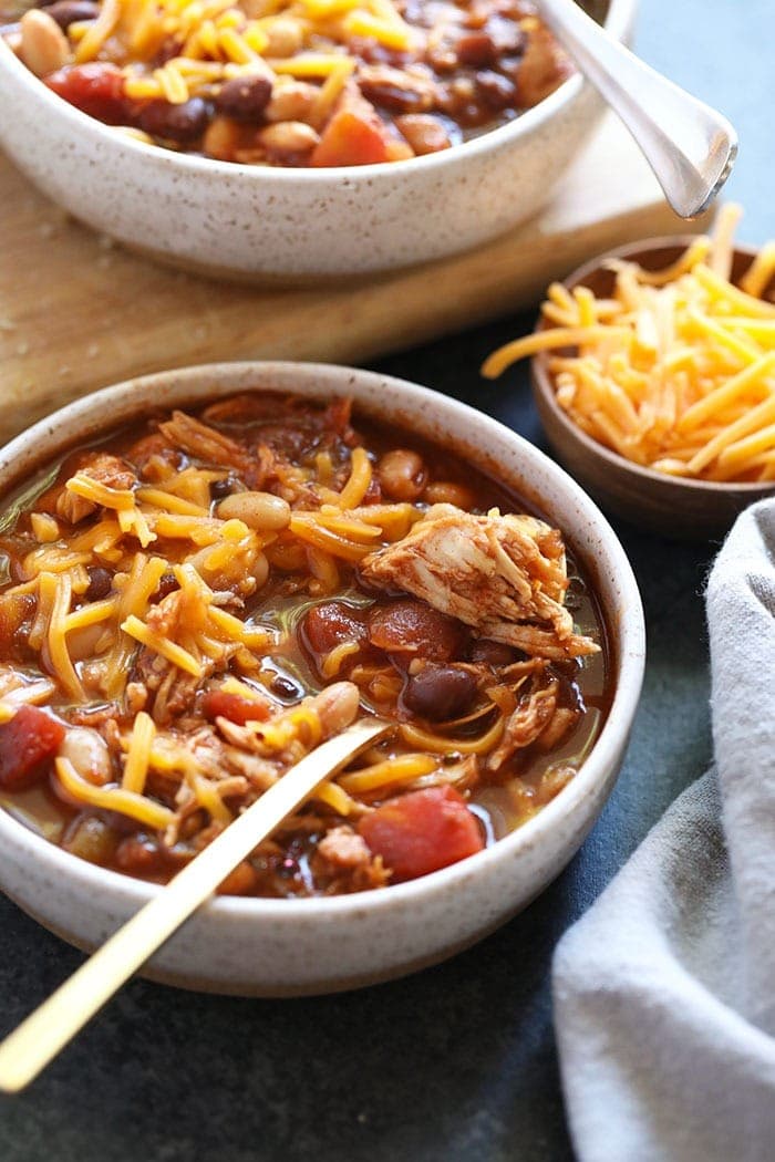 Crockpot chicken chili in a bowl