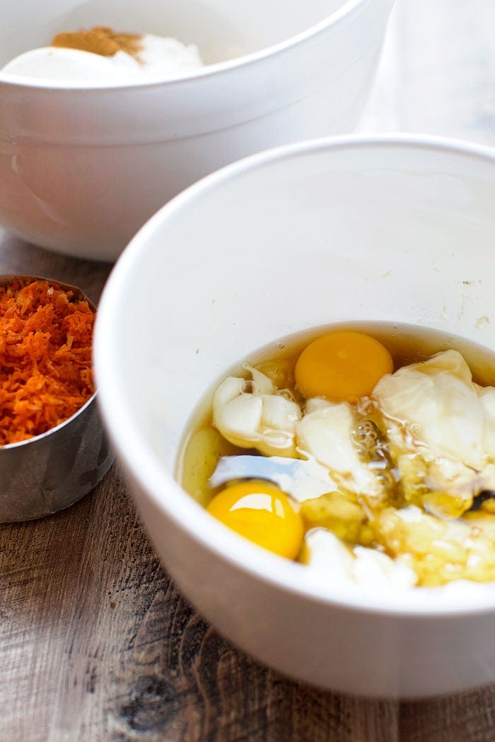 carrot cake wet ingredients in bowl