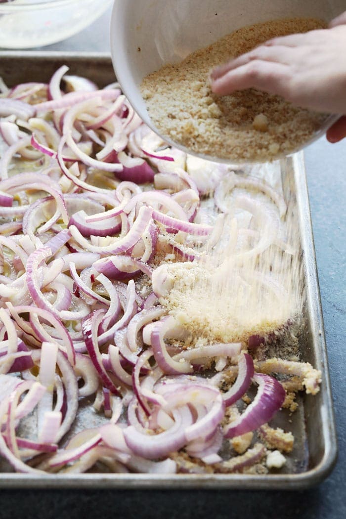 crunchy red onions on pan