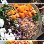 a variety of farro salads are shown in a glass bowl.