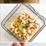 A collage of pictures showing how to make cashew butter, a vegan twist on a cheese sauce.