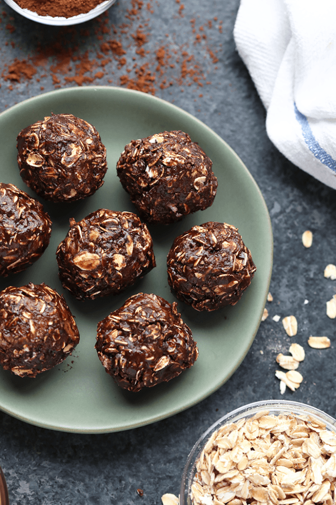 Plate with chocolate energy balls.