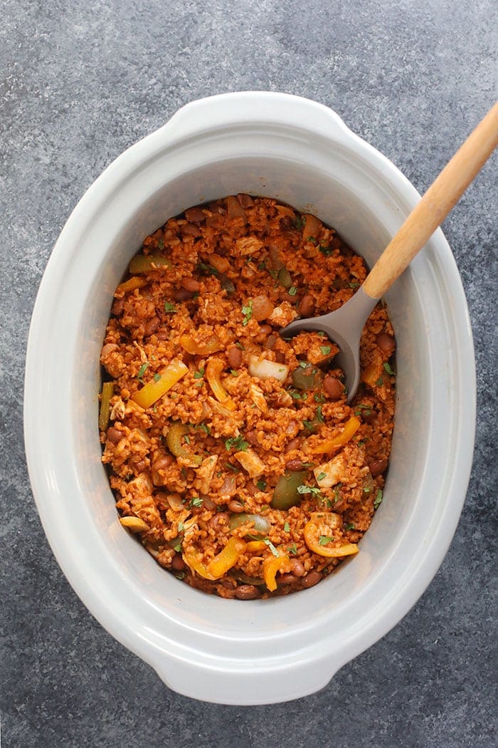 Finished slow cooker enchilada casserole.