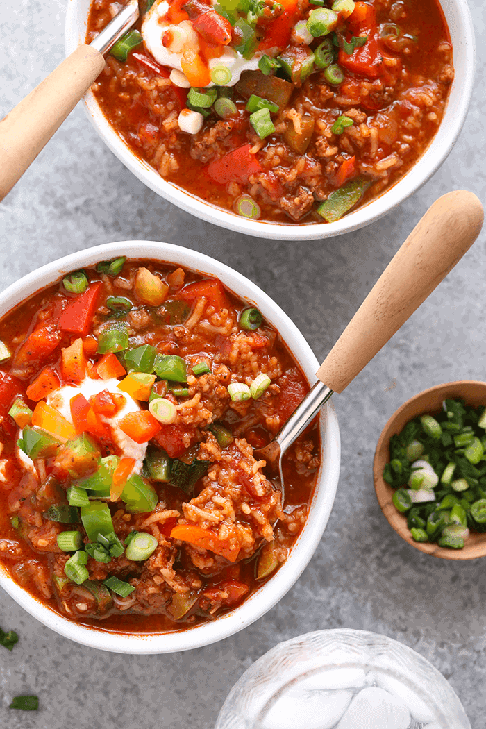 Stuffed pepper soup in a bowl.