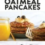 Healthy banana oatmeal pancakes topped with syrup.