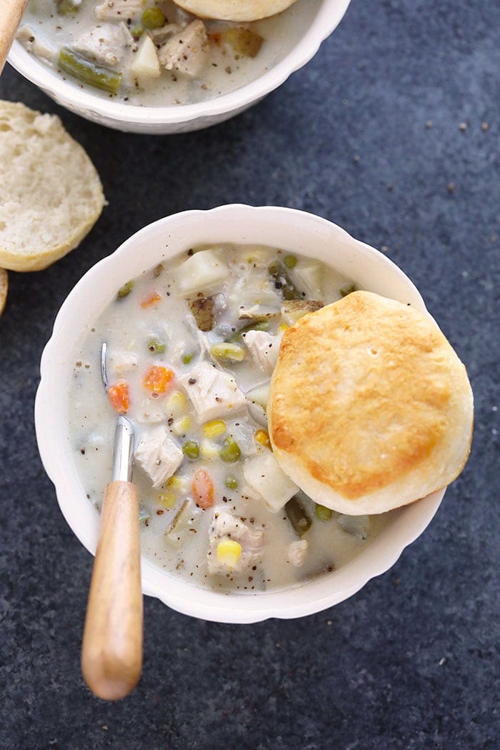 Crockpot chicken pot pie soup in a bowl.