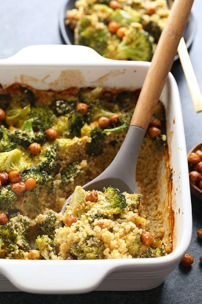 healthy vegan broccoli and cheese casserole in a baking dish