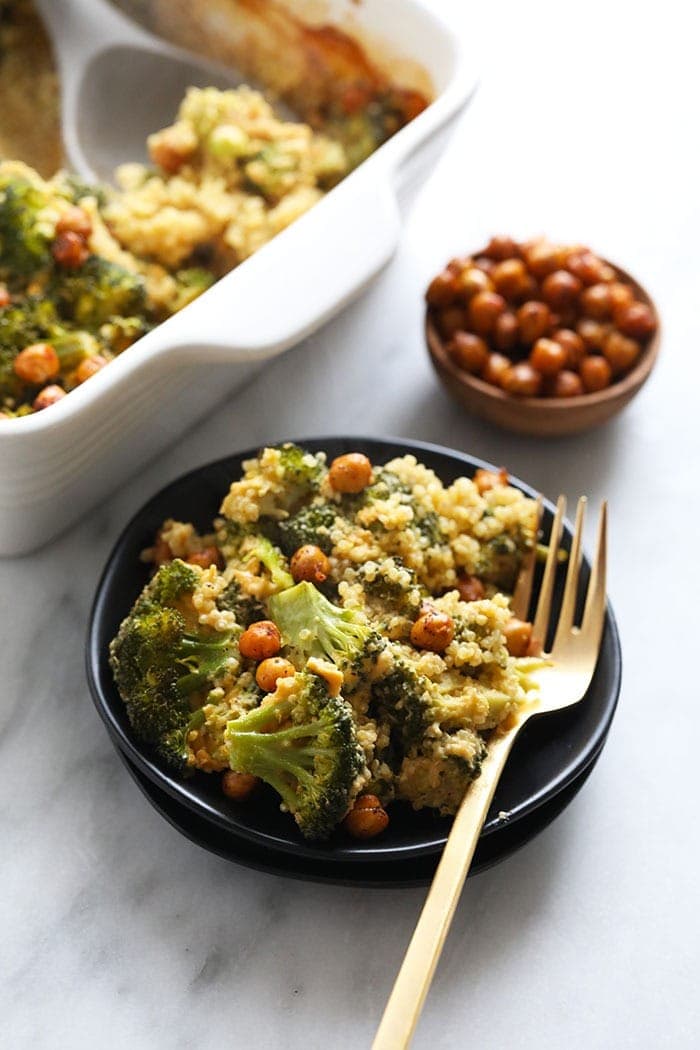 vegan broccoli and cheese casserole on a plate