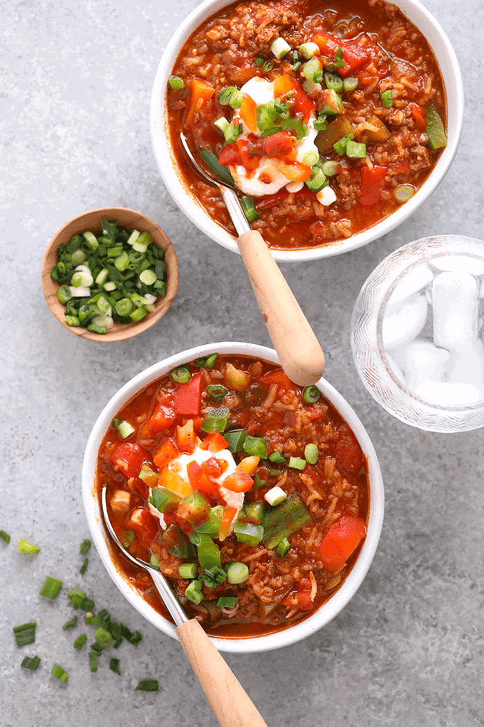 Two bowls of stuffed pepper soup