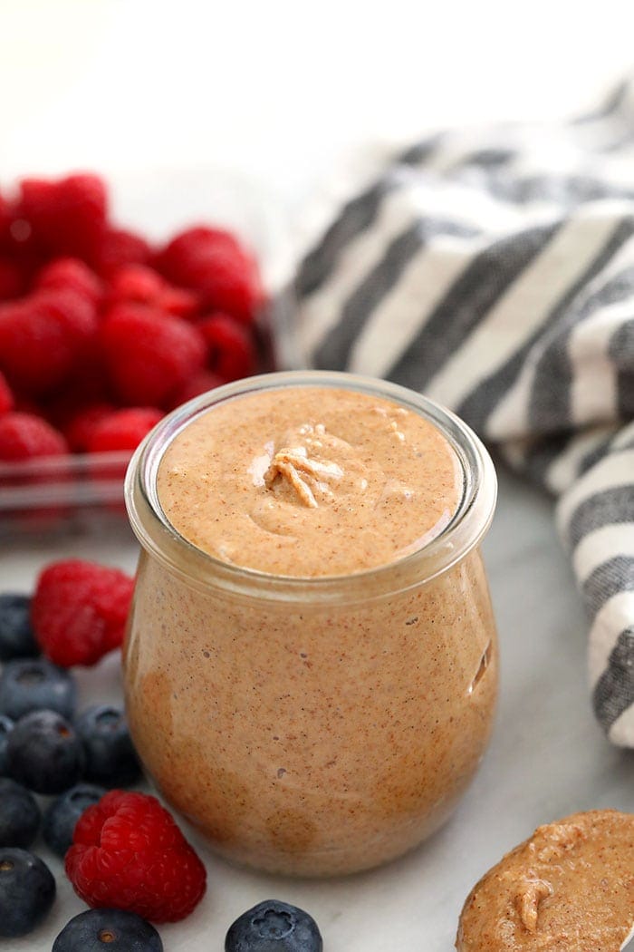 vanilla bean almond butter in a jar.