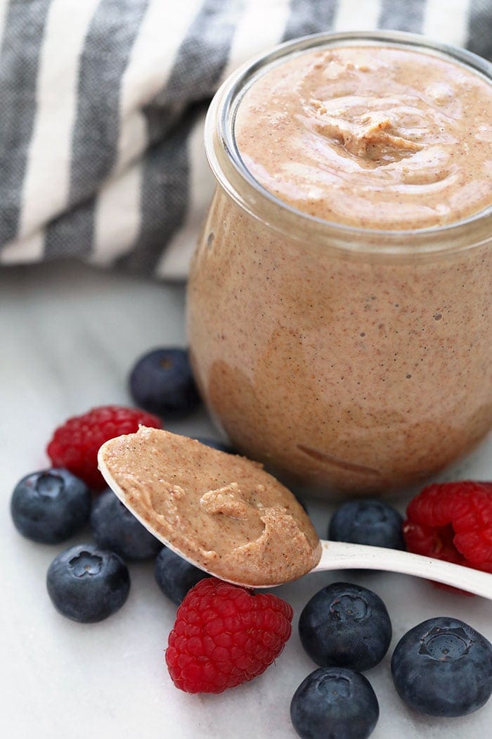 vanilla bean almond butter in a jar.