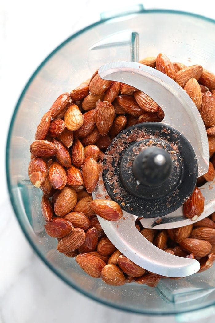 roasted almonds in a food processor.