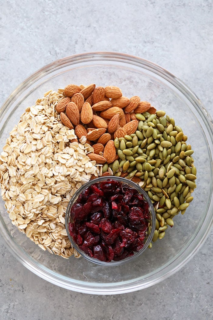 Ingredients for the healthy granola in a bowl.