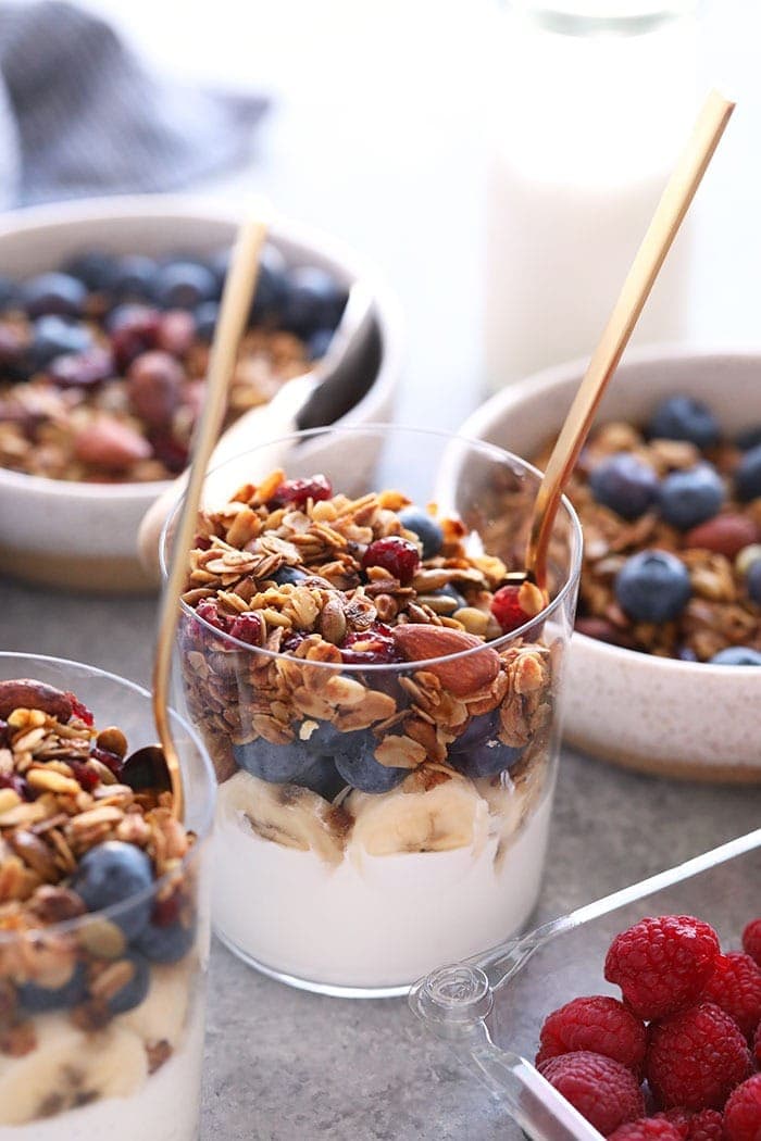 A yogurt parfait with granola and fruit