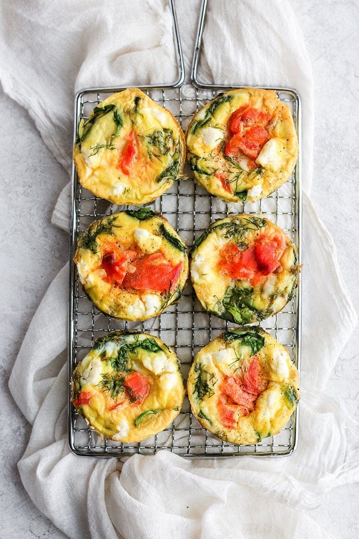 smoked salmon breakfast frittata on tray.