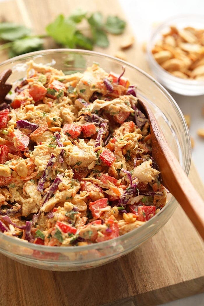 thai peanut chicken salad in a bowl