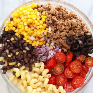 taco pasta salad in bowl.