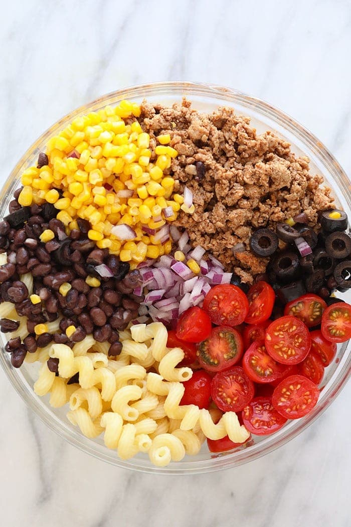 taco pasta salad in glass bowl