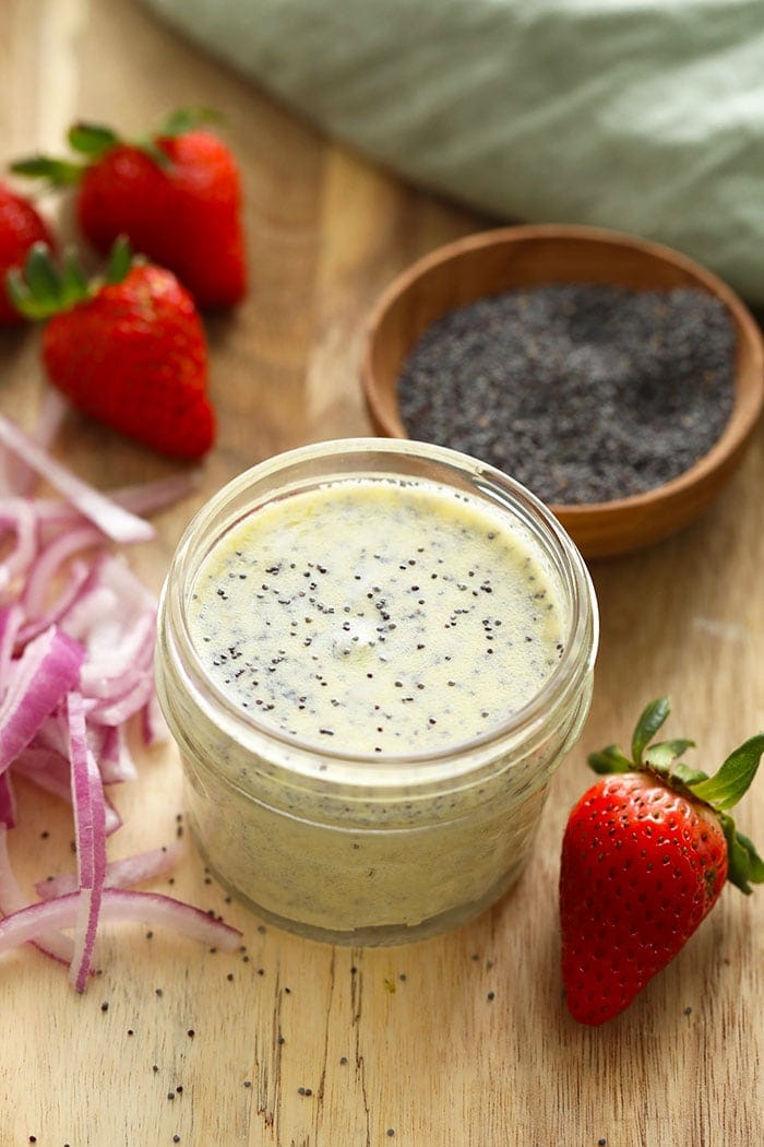 Poppy seed dressing in a small jar. 