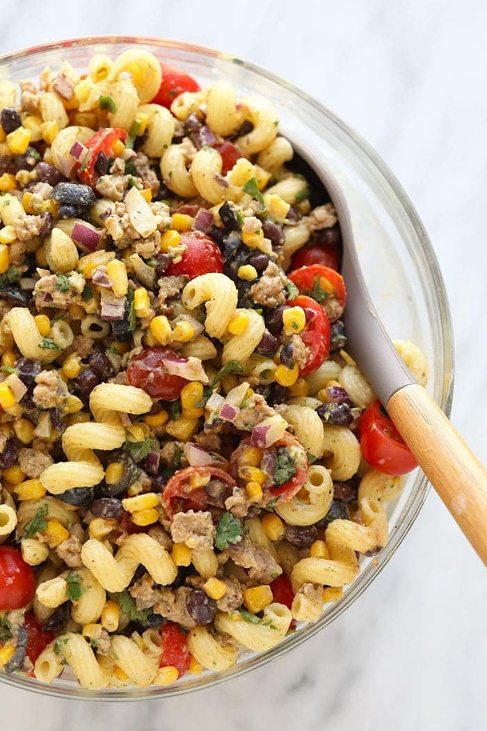 taco pasta salad in large bowl.