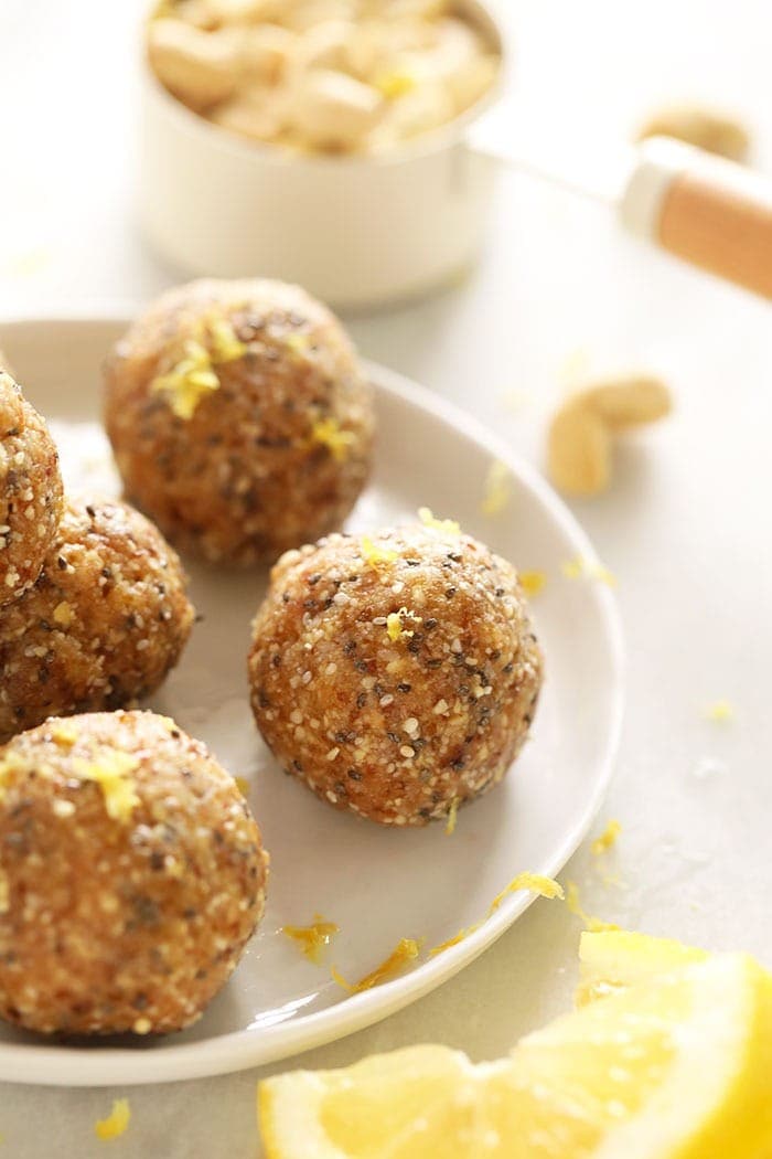 Lemon Cake energy balls on a plate