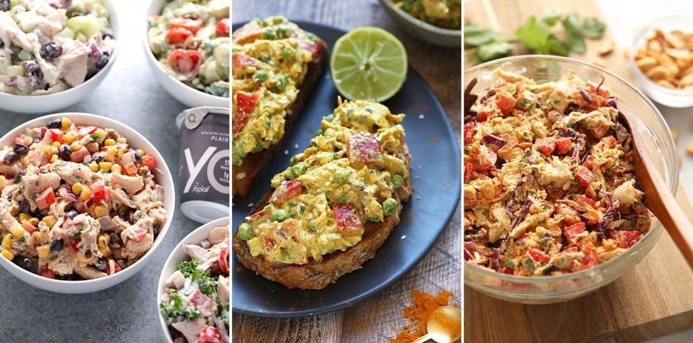 Three of our favorite chicken salad recipes. Southwestern chicken salad, curry chicken salad, and thai chicken salad. 