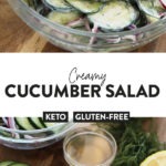 a bowl of creamy cucumber salad on a cutting board.