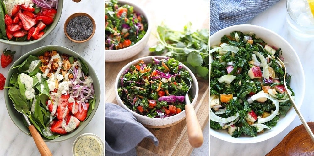 Strawberry spinach salad, healthy asian salad, and massaged kale fennel salad. 