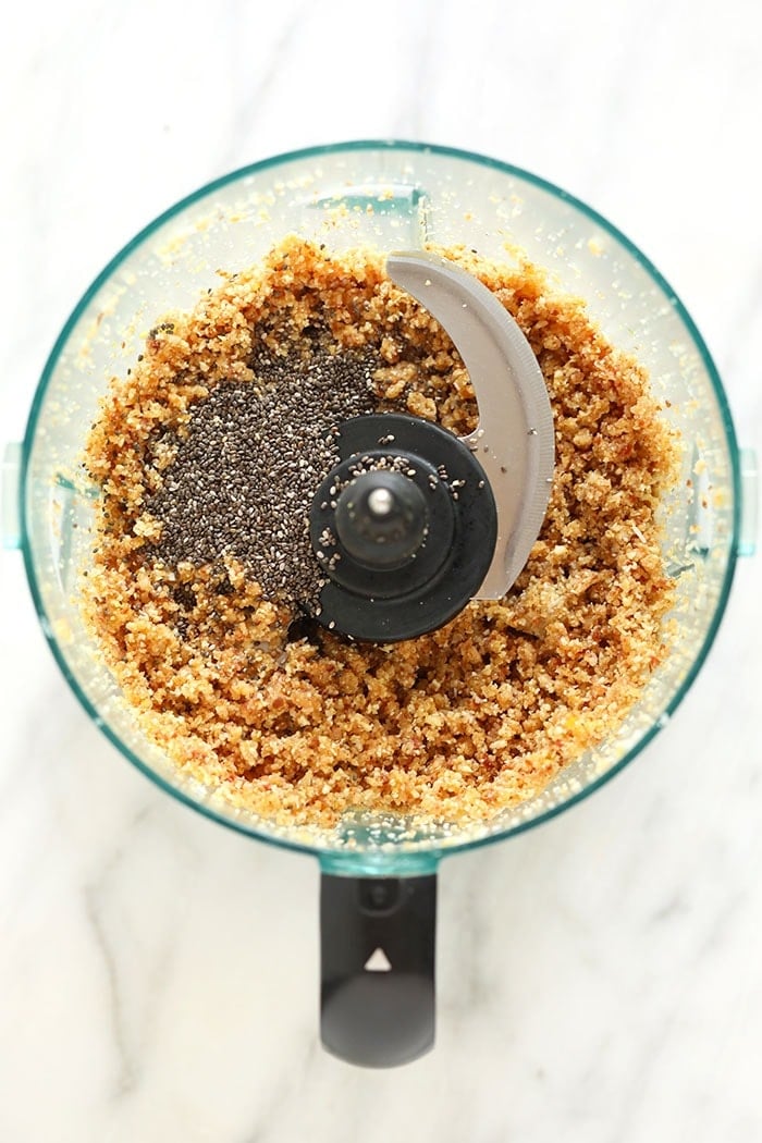 Energy ball ingredients in a food processor 