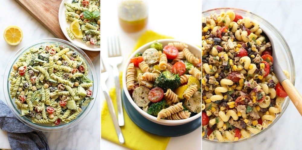 Pesto pasta salad, sausage pasta salad, and taco pasta salad! 