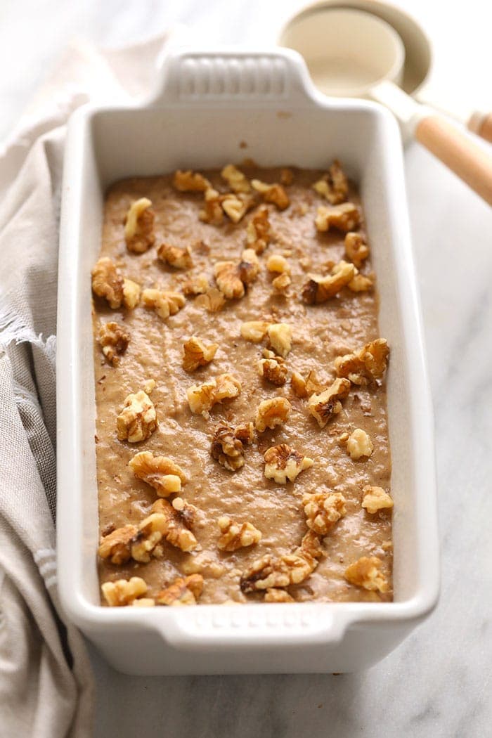 Vegan banana batter in loaf pan. 