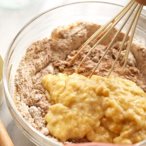 Wet ingredients added to dry ingredients.