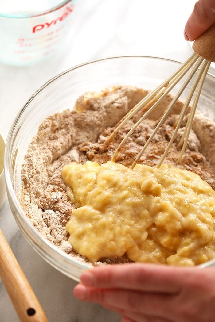 Vegan banana bread ingredients in a bowl. 