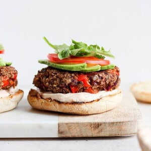 veggie burger on cutting board