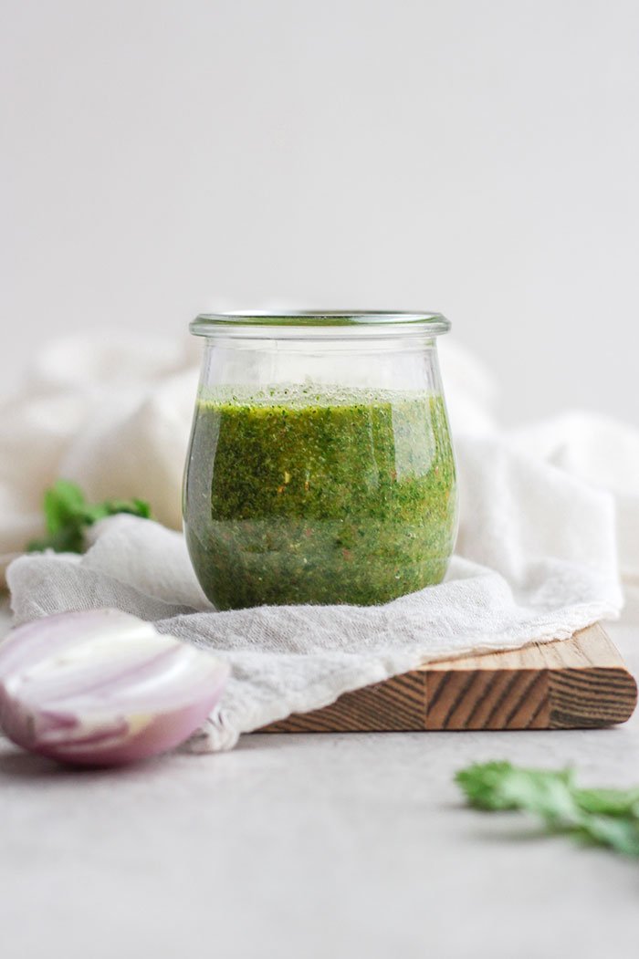 chimichurri sauce in a glass jar