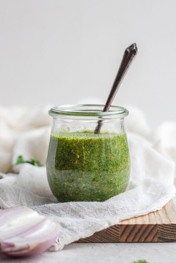 chimichurri sauce in a jar