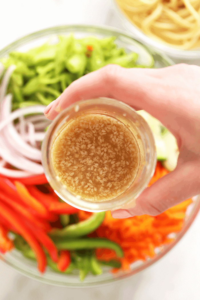 asian noodle salad sesame dressing in a mason jar