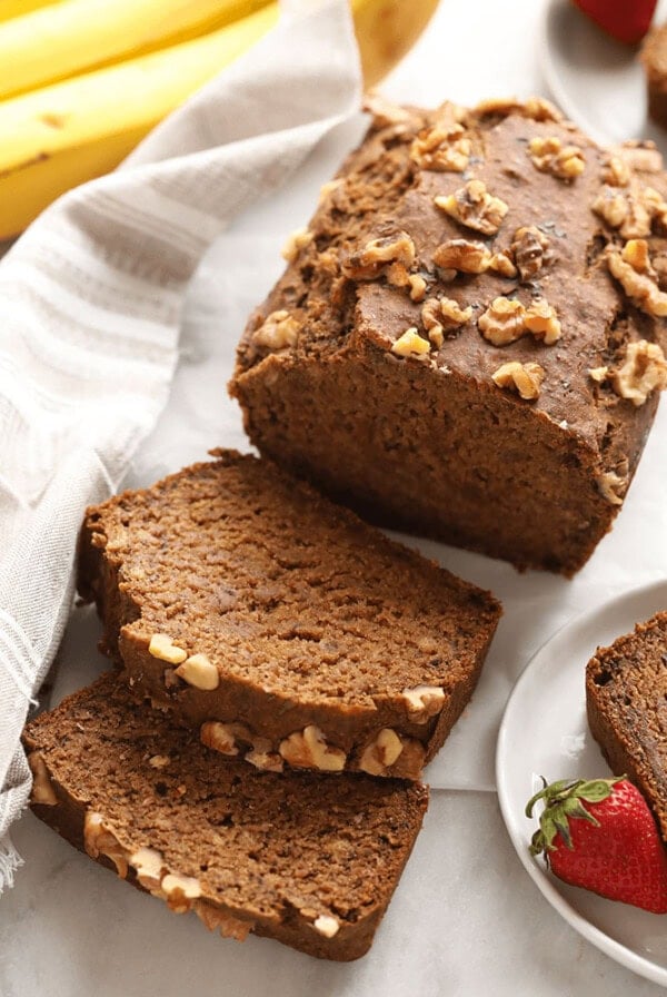 Sliced vegan banana bread.