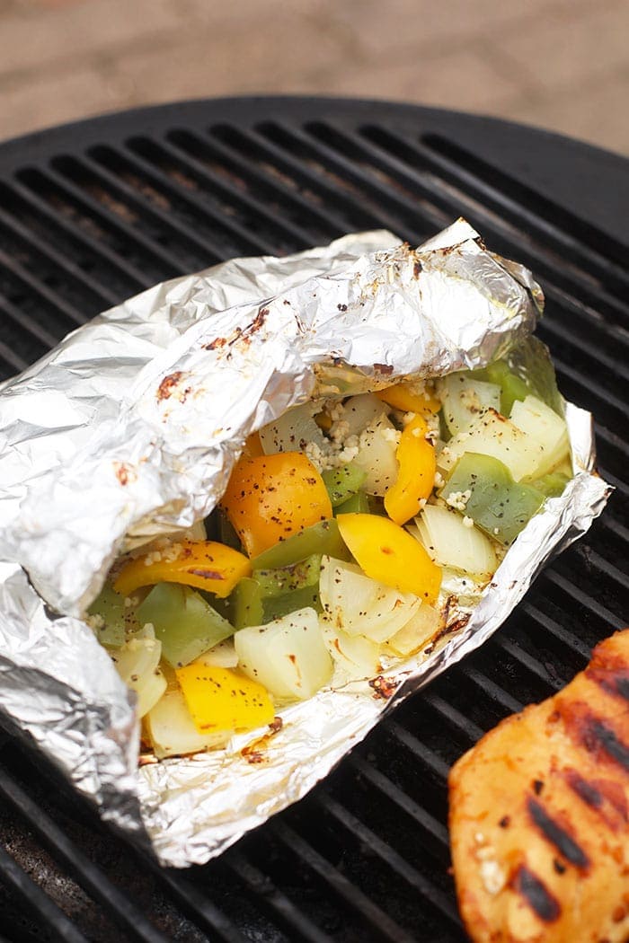 peppers and onions in foil pack on grill