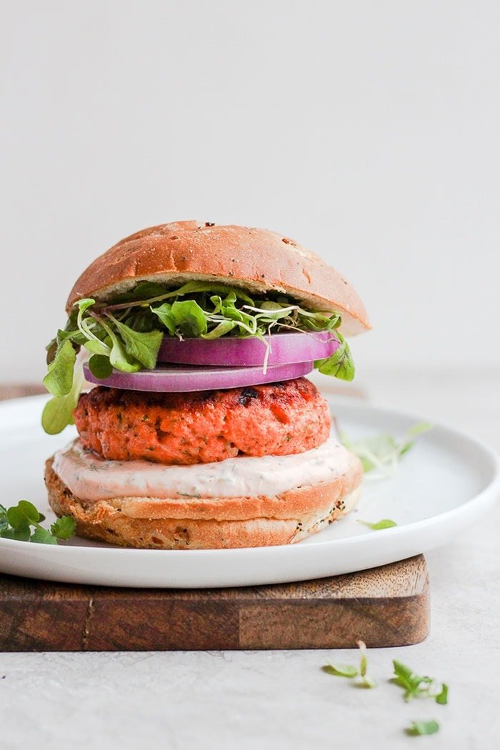 salmon burgers on a plate