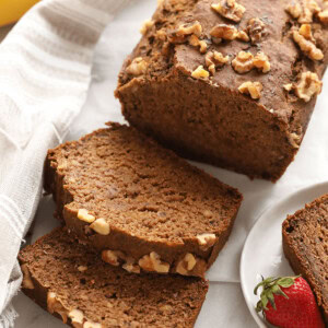 Sliced vegan banana bread.