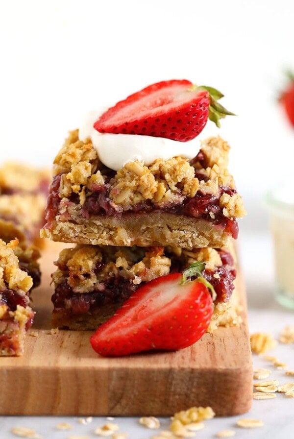 strawberry oatmeal bar on a cutting board