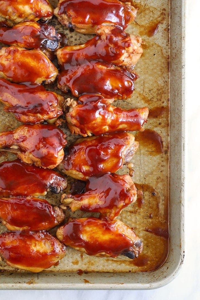 bbq crockpot wings on baking sheet