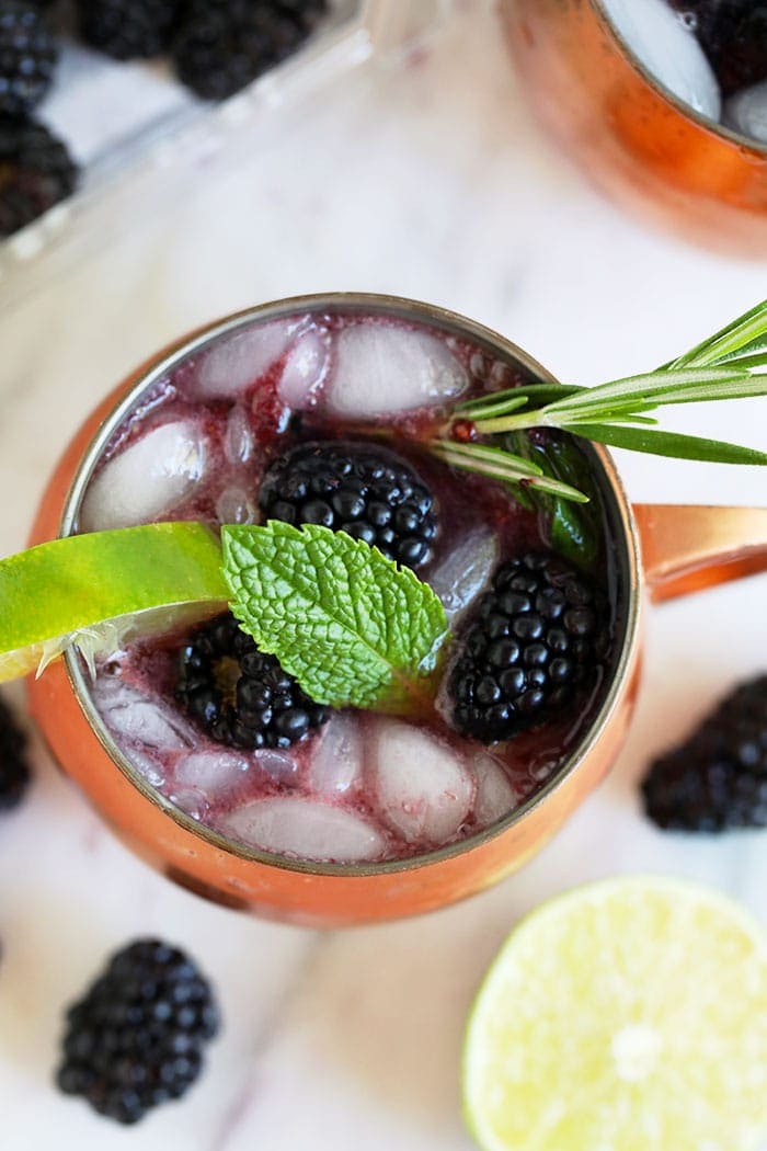 moscow mule with blackberries and mint