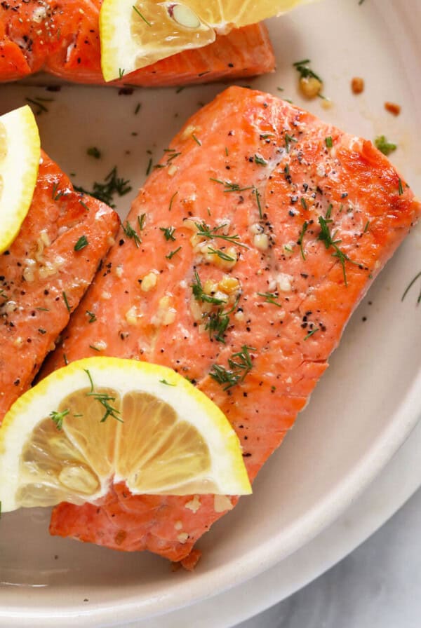 raw salmon on plate.