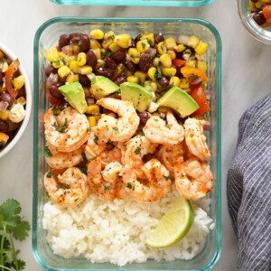 Grilled shrimp in a meal prep bowl.