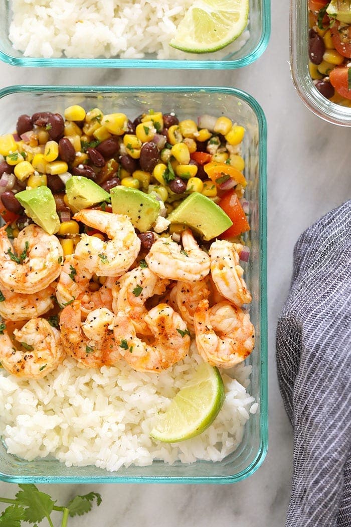 grilled shrimp meal prep bowl. 