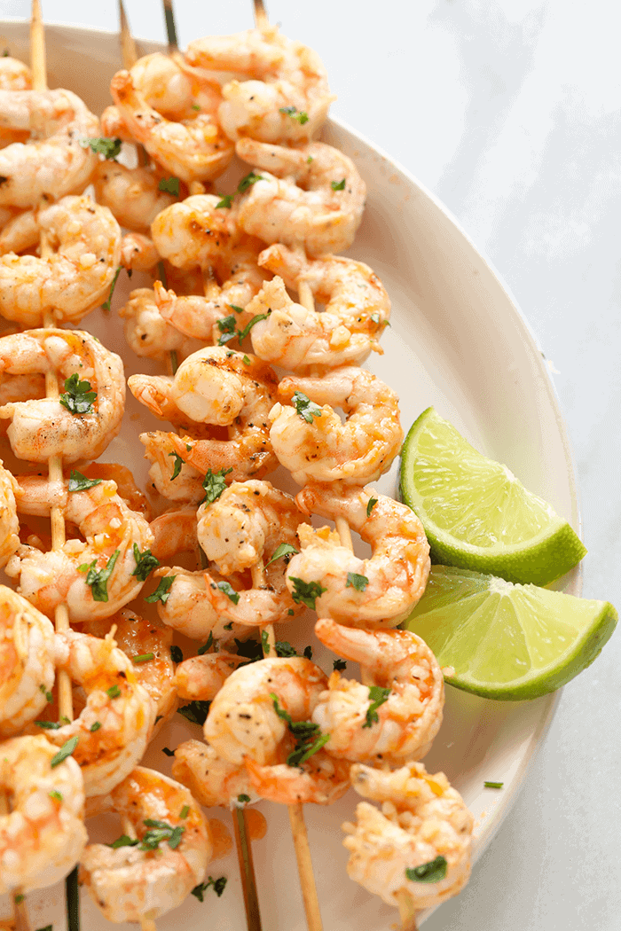 Grilled shrimp on skewers.