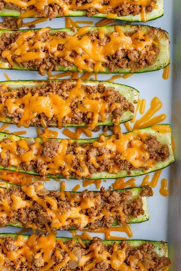 taco zucchini boats in a baking dish looking delicious