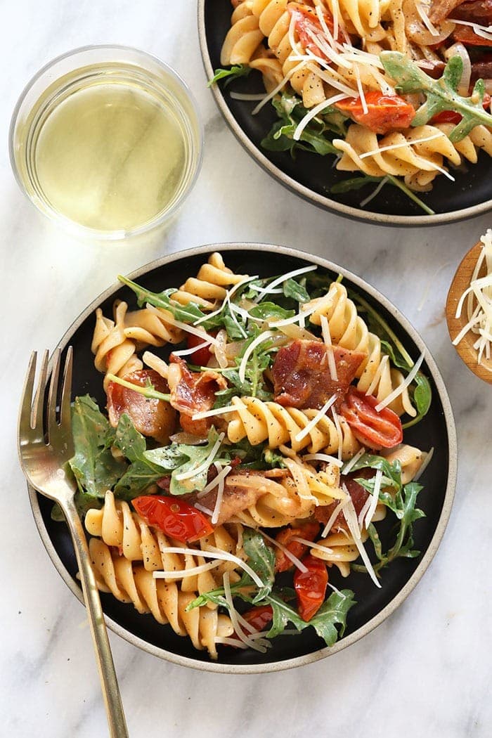 BLT pasta plated and ready to be eaten